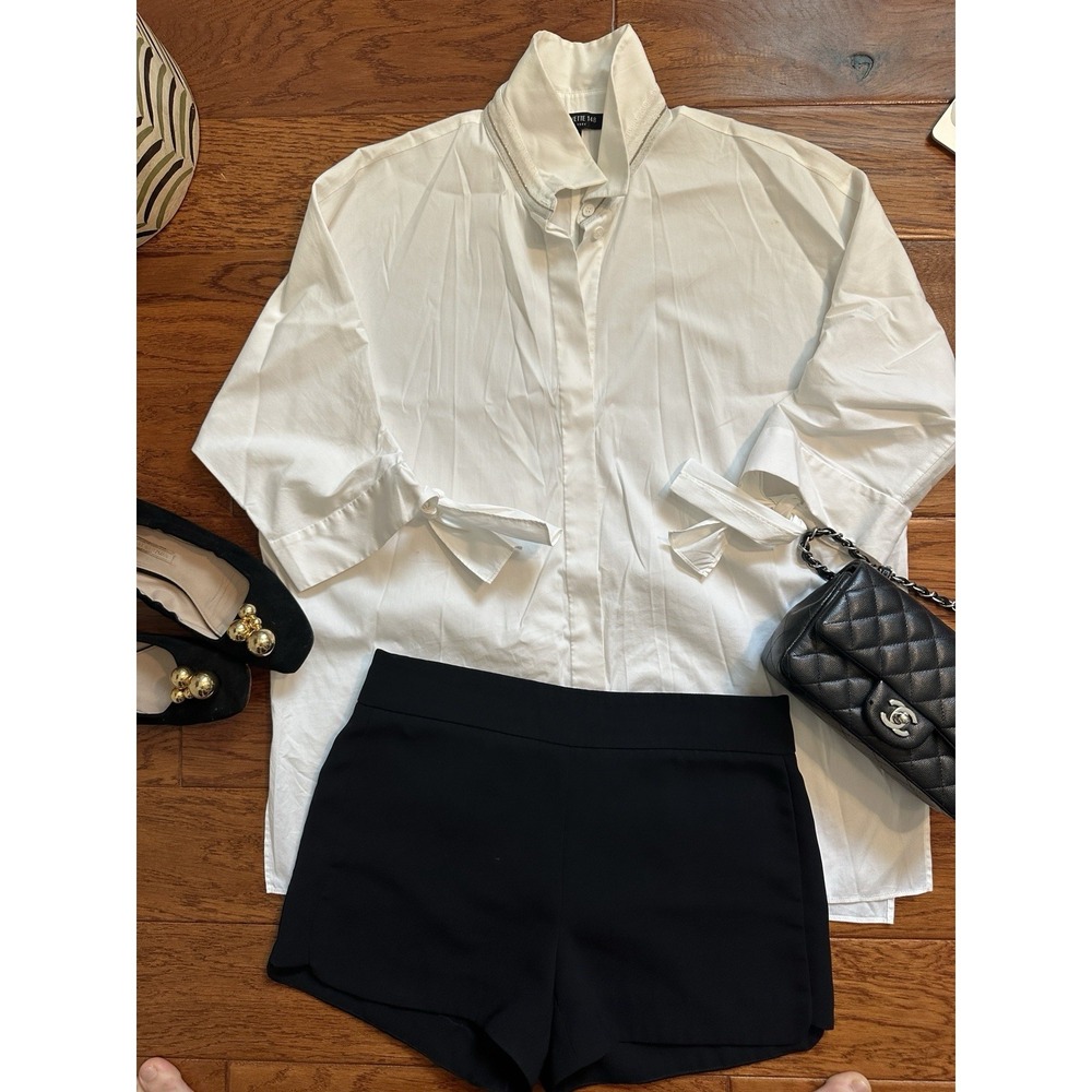 Lafayette 148 New York White Cotton Blend Shirt Sz M Silver Trim Tie Cuff Top